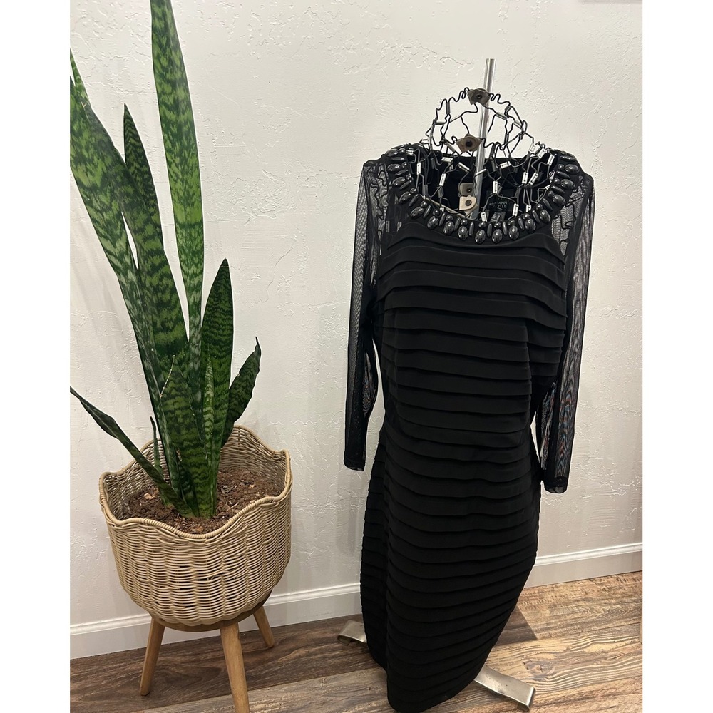 Adrianna Papell Womens Black Beaded Tiered Mesh Sleeve Occasion Dress Size 12